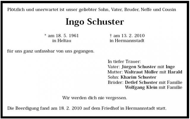 Schuster Ingo 1961-2010 Todesanzeige